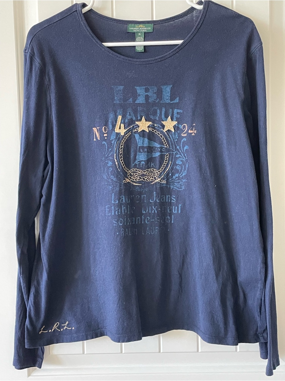 Ralph Lauren Navy Long-Sleeve Graphic Tee with Gold Stars